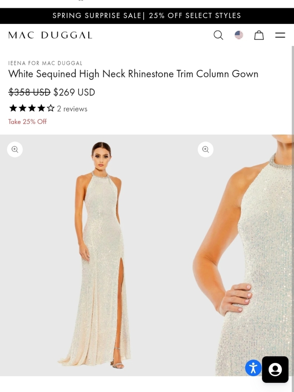 Mac Duggal White Sequin High-Neck Column Gown with Rhinestone Trim